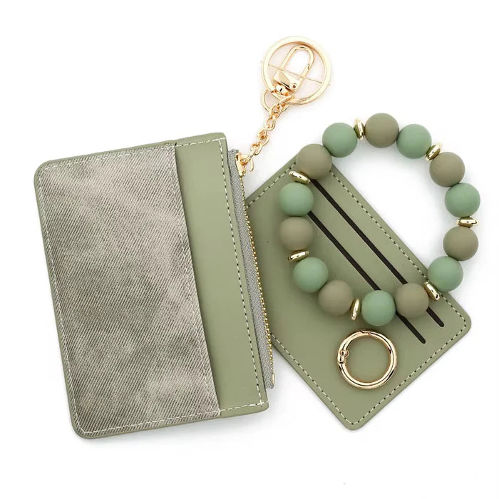 Denim Suede Bracelet Keychain & Card Holder Wallet